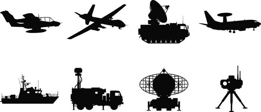 Military Vehicle Silhouettes Set &ndash; Aircraft, Radar, Ship and Defense Equipment Vector Collection