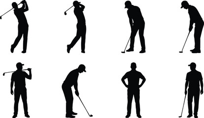 Naklejka premium Set of professional golfer silhouettes in various playing poses isolated on a white background