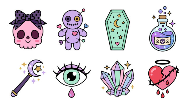 Kawaii Pink Skull and Voodoo Doll Icon Grid Sheet for Pastel Goth Creepy Cute Art Prints