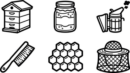 Fototapeta premium Bee hive honey jar smoker brush comb and beekeeper hat