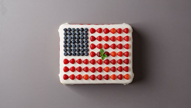Festive American flag cake decorated with fresh strawberries, blueberries, and whipped cream. Patriotic dessert presented in a bright close-up food photography style, perfect for Independence Day