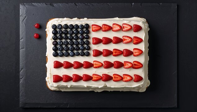 Festive American flag cake decorated with fresh strawberries, blueberries, and whipped cream. Patriotic dessert presented in a bright close-up food photography style, perfect for Independence Day