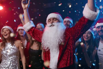 Fototapeta premium The Santa Claus Celebration Dancing Amid Festive Partygoers Under Confetti and Lights