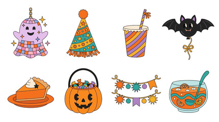 Fototapeta premium Ghost Disco Ball and Retro Party Hat Grid Sheet for Groovy Retro Halloween Birthday Invitations