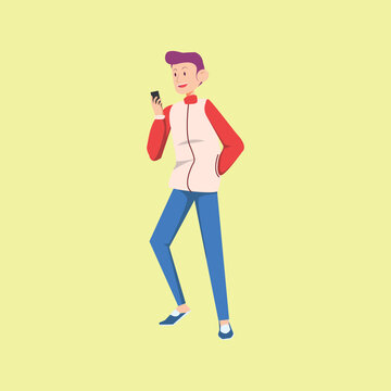 Smiling young man walking and using smartphone, casual male character with jacket and jeans holding phone, flat vector illustration
