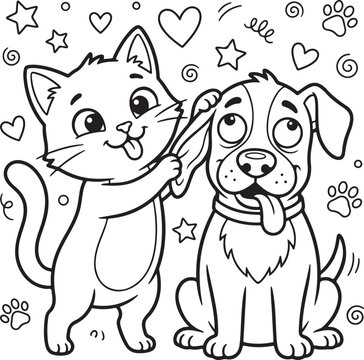 Cute cartoon characters coloring page for kids, vector outline illustration