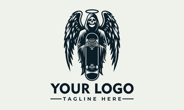 Graphic illustration of a grim reaper angel holding a skateboard for a creative logo design.
