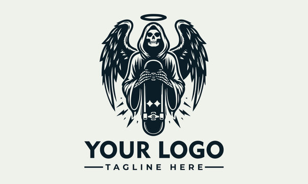 Graphic illustration of a winged skeleton reaper holding a skateboard for a creative logo design.