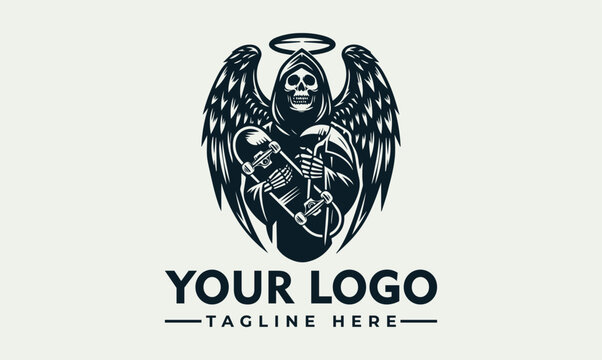 Graphic illustration of a grim reaper angel holding a skateboard for a creative logo design.
