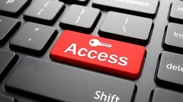 Bright red computer keyboard key featuring white access text and a small key icon for modern digital security system concepts