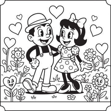 Cute cartoon characters coloring page for kids, vector outline illustration