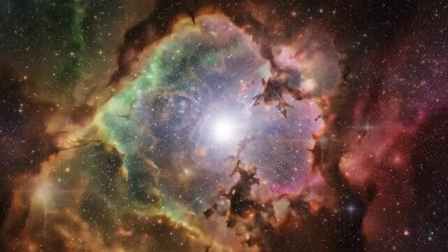A vibrant nebula shines brightly in the vast galaxy with stars and colorful gas clouds.