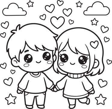 Cute cartoon characters coloring page for kids, vector outline illustration