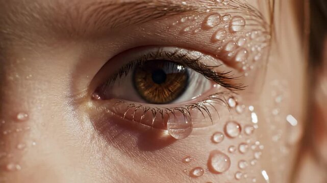 Macro shot of a brown human eye with clear water droplets and a single tear falling from the lower eyelid in warm sunlight