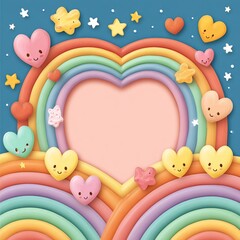 Fototapeta premium Textured pastel digital painting of a joyful rainbow heart frame with smiling kawaii characters against a starry sky, a cute template for baby announcements or Valentine's Day cards.