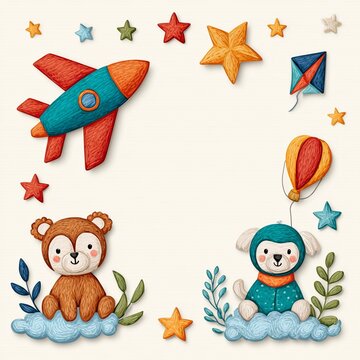 Embroidered texture digital illustration of cute animals on clouds with a toy rocket and stars, a whimsical frame for a baby shower invitation or nursery wall art.