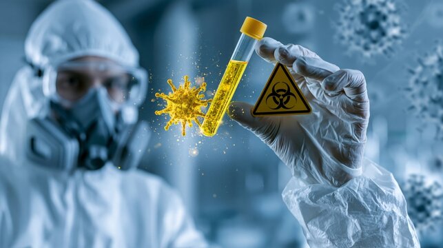 Scientist in biohazard laboratory suit holding test tube with virus sample, advanced infectious disease research concept