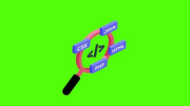 Colorful web development programming code magnifier search concept on green screen 4k animation video