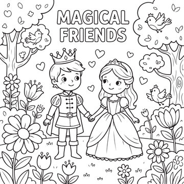 Cute cartoon characters coloring page for kids, vector outline illustration