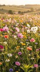 Fototapeta premium Colorful Flower Field Background in Golden Morning Light