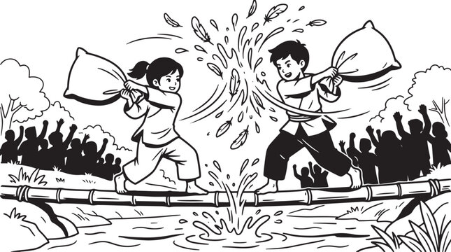 Young competitors balancing during pillow fight over forest river
