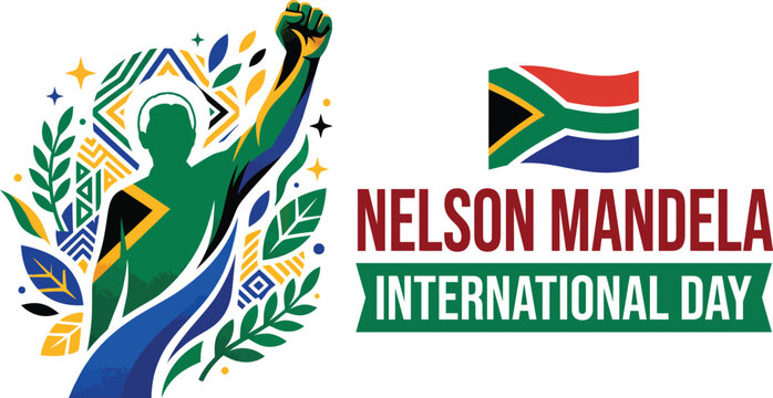 Nelson Mandela International Day emblem featuring decorative leaf wreath national flag and meaningful commemorative vector design artwork