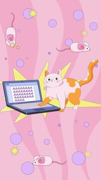 Playful cat stepping on laptop keyboard lofi vertical animation. Accidental typing. WFH humor. Lo Fi aesthetic animated background 4K video for social media reel. Flat cartoon mobile live wallpaper