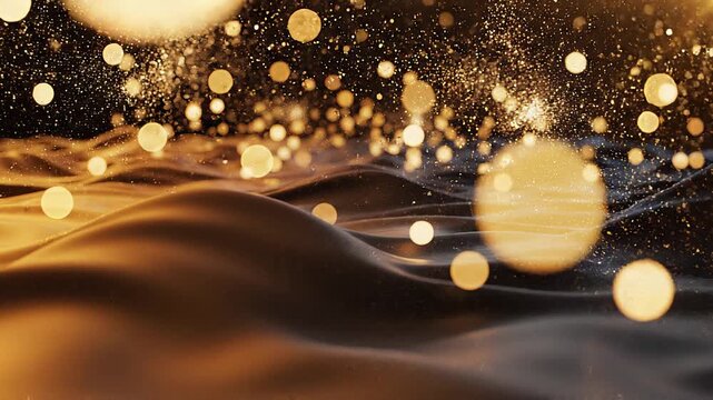 Golden Water Drops on Yellow Autumn Leaf with Glowing Holiday Bokeh Lights and Festive Background Texture