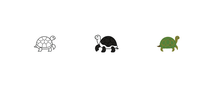 Three cute turtles representing different artistic drawing styles on white background.