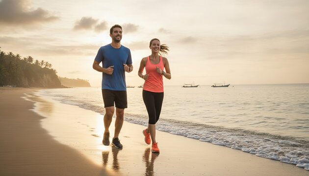 Two runners, a man and a woman, jog along a sandy beach at sunset with gentle waves lapping at the shore and a vibrant sky in the background