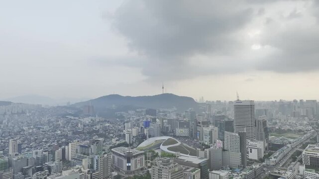 Aerial Drone View of Jongno Cityscape near Dongmyo Station and DDP Dongdaemun Design Plaza in Seoul, South Korea