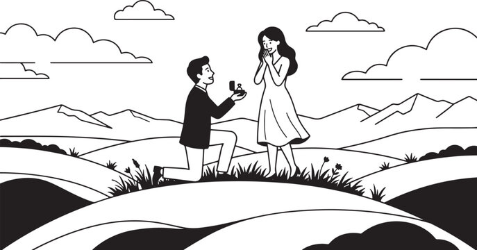 Man proposing with an engagement ring in a mountain valley