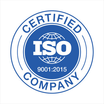 ISO 9001:2015 certified company round blue stamp vector icon template for quality management system certification.
