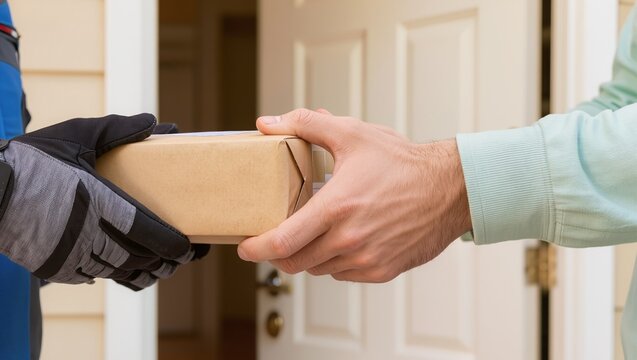 A courier in work gloves handing a brown cardboard parcel to a recipient at a front door, representing parcel delivery services, logistics, and doorstep trade