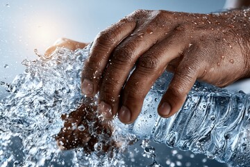 Fototapeta premium Close-up of a dark-skinned hand gripping a clear plastic water bottle with splashing water droplets.