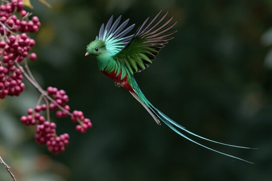 The Resplendent Quetzal in Vibrant Flight Through Tropical Rainforest Canopy