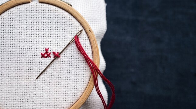 Close up of a wooden embroidery hoop with white cross-stitch fabric, a needle, and red thread on a dark surface.