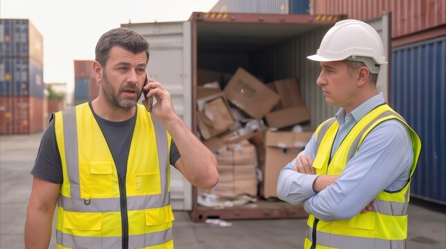 Logistics managers discussing damaged cargo at shipping terminal. Port workers inspecting open container with crushed boxes.