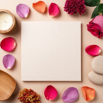 Natural spa flat lay composition with blank textured paper framed by rose petals, a candle, and zen stones on a soft beige surface for wedding invitation mockups.
