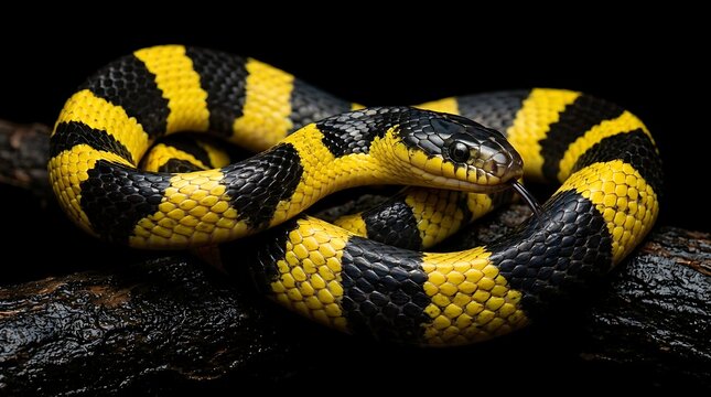 Close-up of a Banded Krait Snake Coiled on a Branch in the Dark.