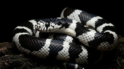 Fototapeta premium Captivating Close-Up of a Black and White Banded Snake Coiled on a Dark Background.