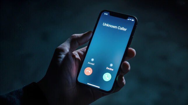 Incoming call from unknown caller on smartphone screen held by hand in low light. Telemarketing and spam call concept.