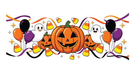 Fototapeta premium Festive Halloween celebration with carved pumpkins, cute ghosts, balloons, and candy corn decorations