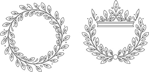 Obraz premium Laurel wreath vector set, floral frame design, decorative leaf border illustration, black and white botanical ornament, vintage emblem template