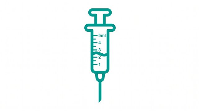 Teal medical syringe icon with 5ml measurement scale and liquid, minimalist flat vector illustration isolated on white background