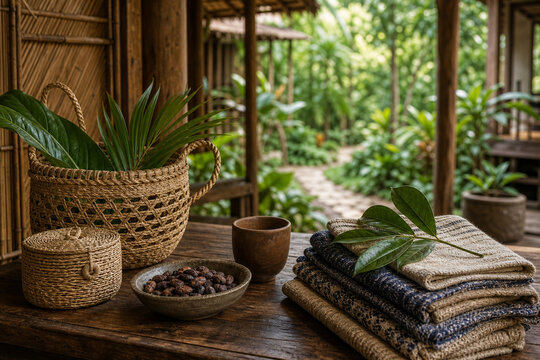 Rainforest eco lodge welcome table with local craft