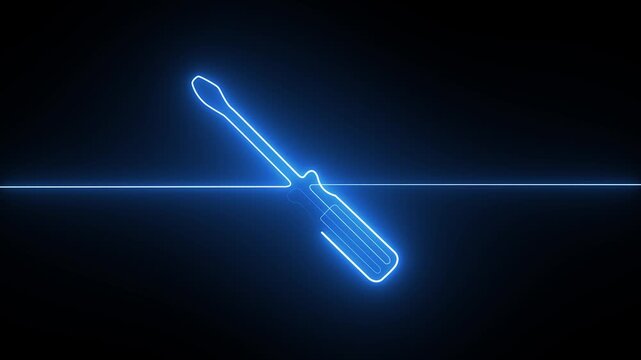 Glowing blue neon screwdriver icon with a continuous line style on a dark background

