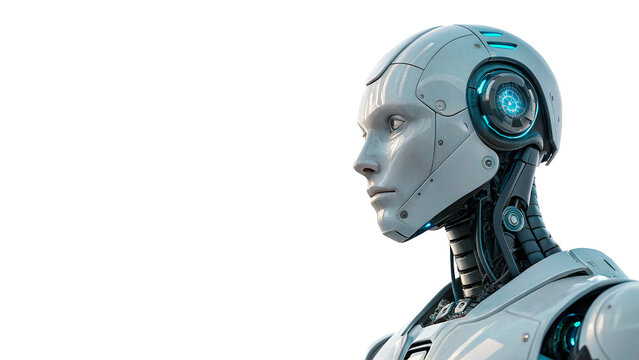 Futuristic humanoid robot cyborg head profile showing detailed mechanical elements isolated on transparent background Png cut out