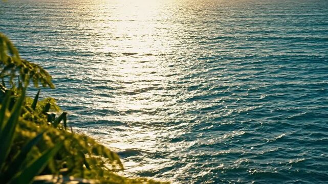 Sunlight reflects on rippling ocean water near a lush green cliffside