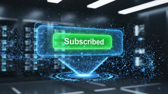 Hand presses a futuristic subscribe button on a holographic user interface. Luminous blue particles and a bright flash effect create a high-tech visual.